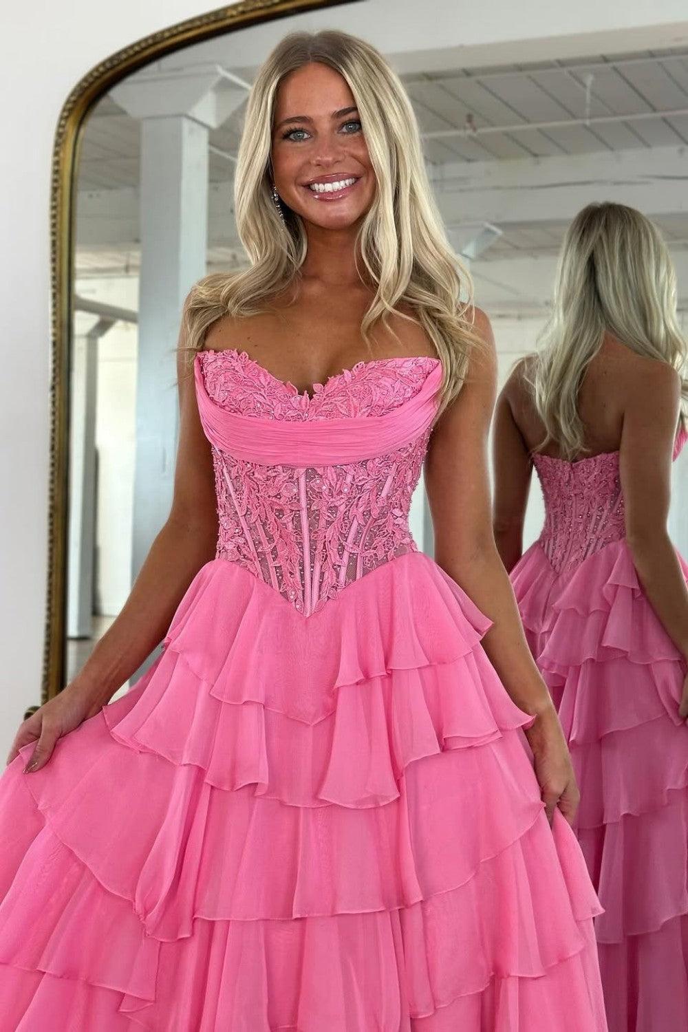 Suzhoufashion Layered Ruffle A-Line Prom Dress With Embellished Lace Bodice And Leg Slit Formal Evening Gown