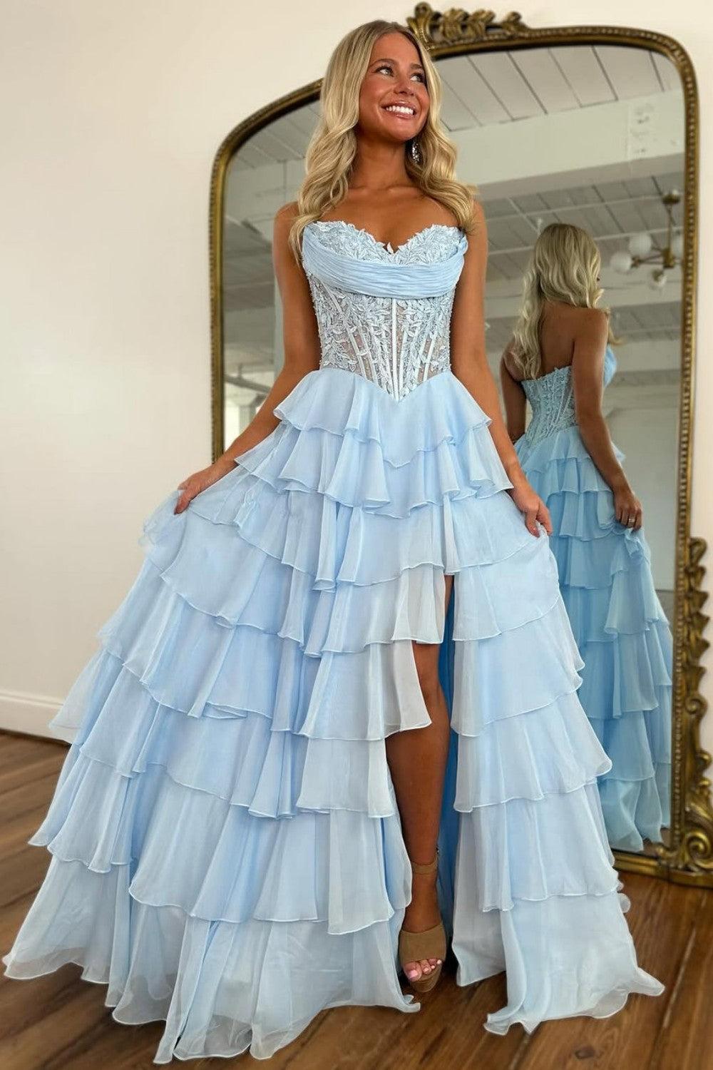 Suzhoufashion Layered Ruffle A-Line Prom Dress With Embellished Lace Bodice And Leg Slit Formal Evening Gown