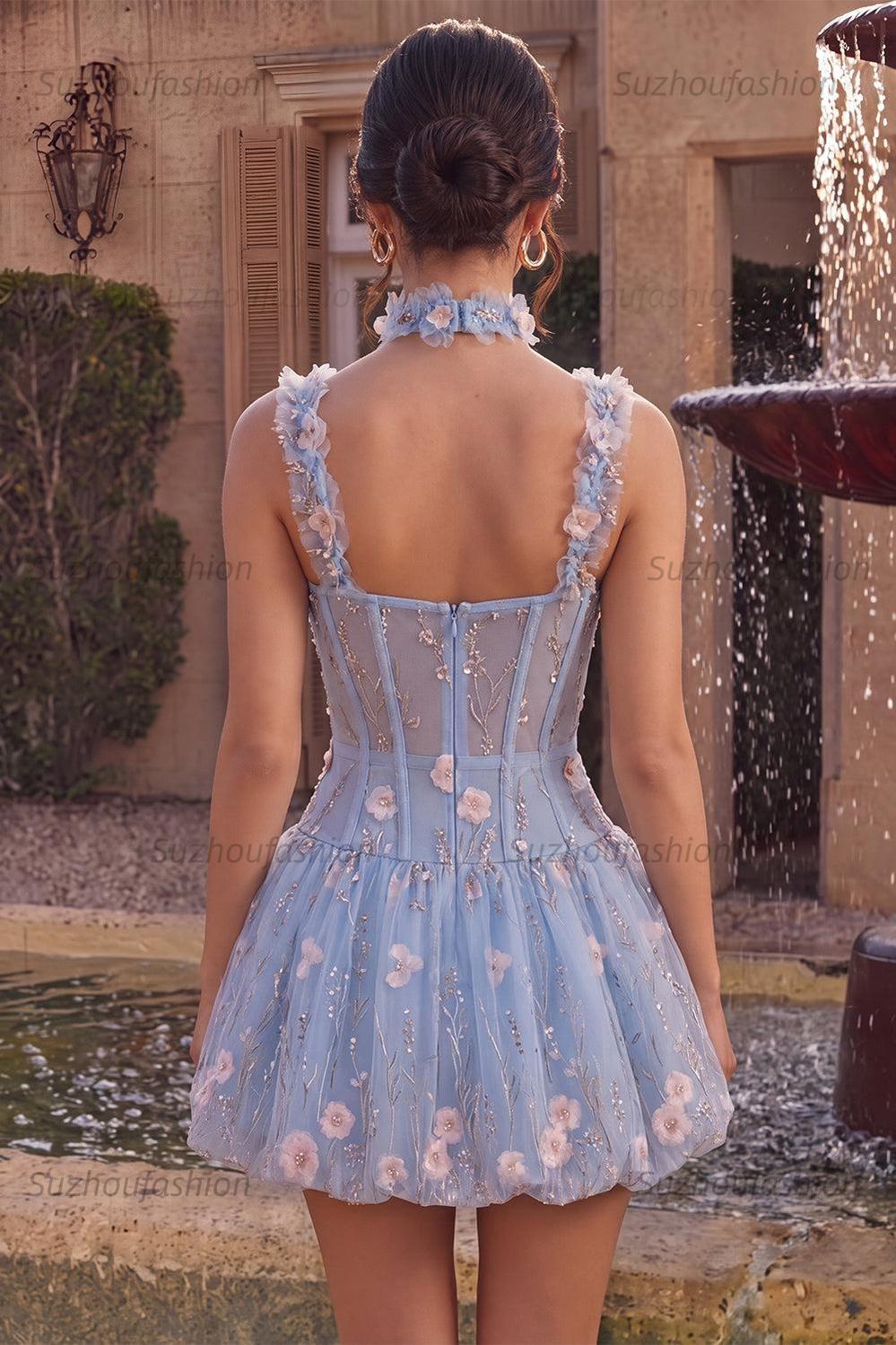 Suzhoufashion Light Blue Corset Beaded A Line Bubble Short Homecoming Dress with 3D Flowers