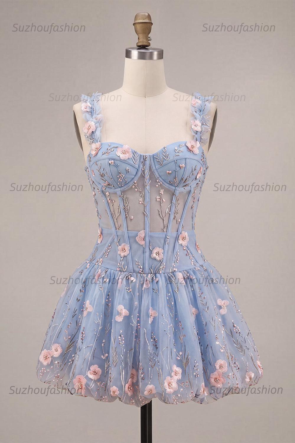 Suzhoufashion Light Blue Corset Beaded A Line Bubble Short Homecoming Dress with 3D Flowers