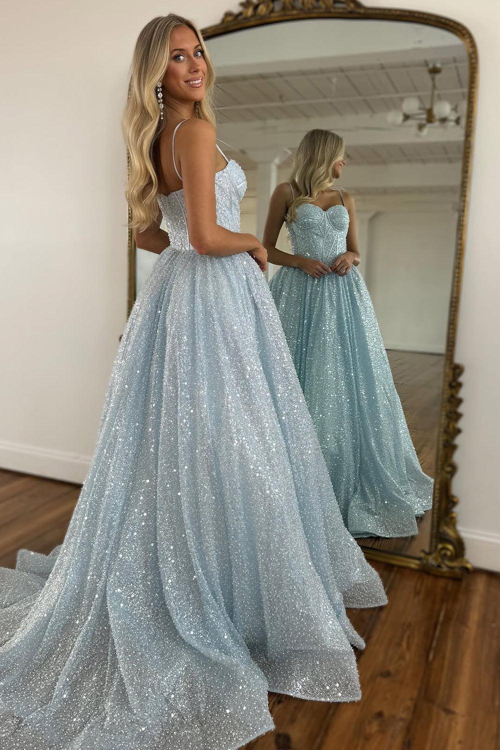 Suzhoufashion Light Blue Glitter Floor-Length Gown With Spaghetti Straps Prom Dress Formal Evening Gown