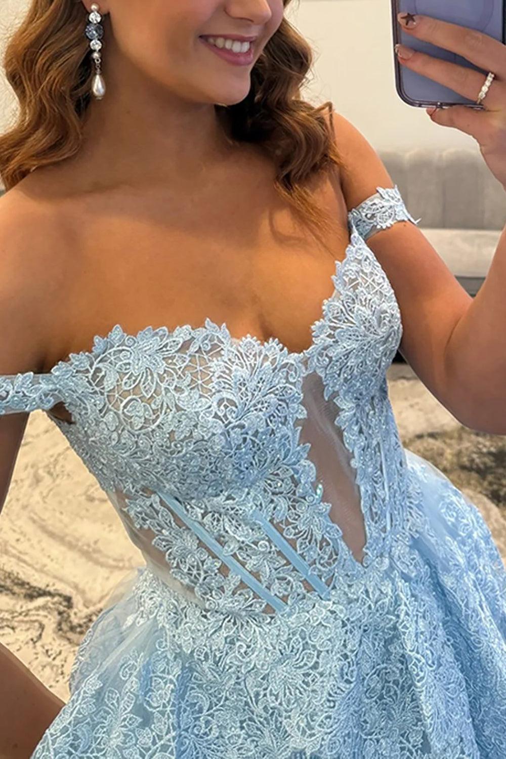 Suzhoufashion Light Blue Lace Ruffled Prom Dress Corset Off The Shoulder Long Formal Dress With Slit