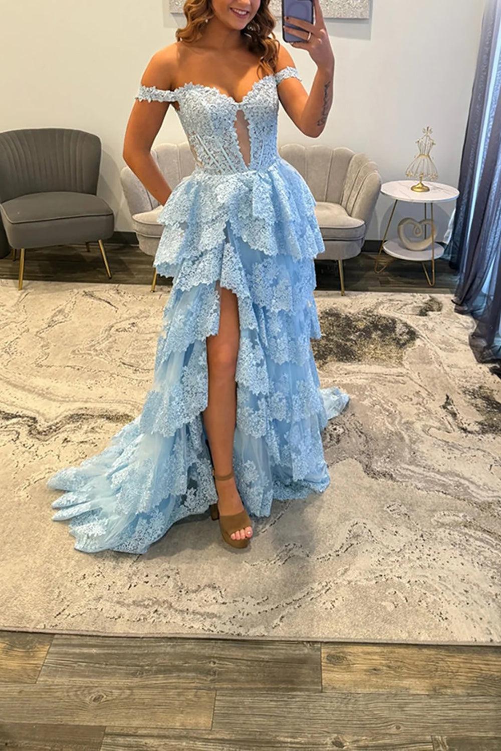 Suzhoufashion Light Blue Lace Ruffled Prom Dress Corset Off The Shoulder Long Formal Dress With Slit