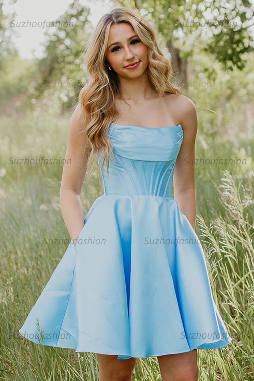 Suzhoufashion Light Blue Short Corset Strapless Homecoming Dress with Pockets