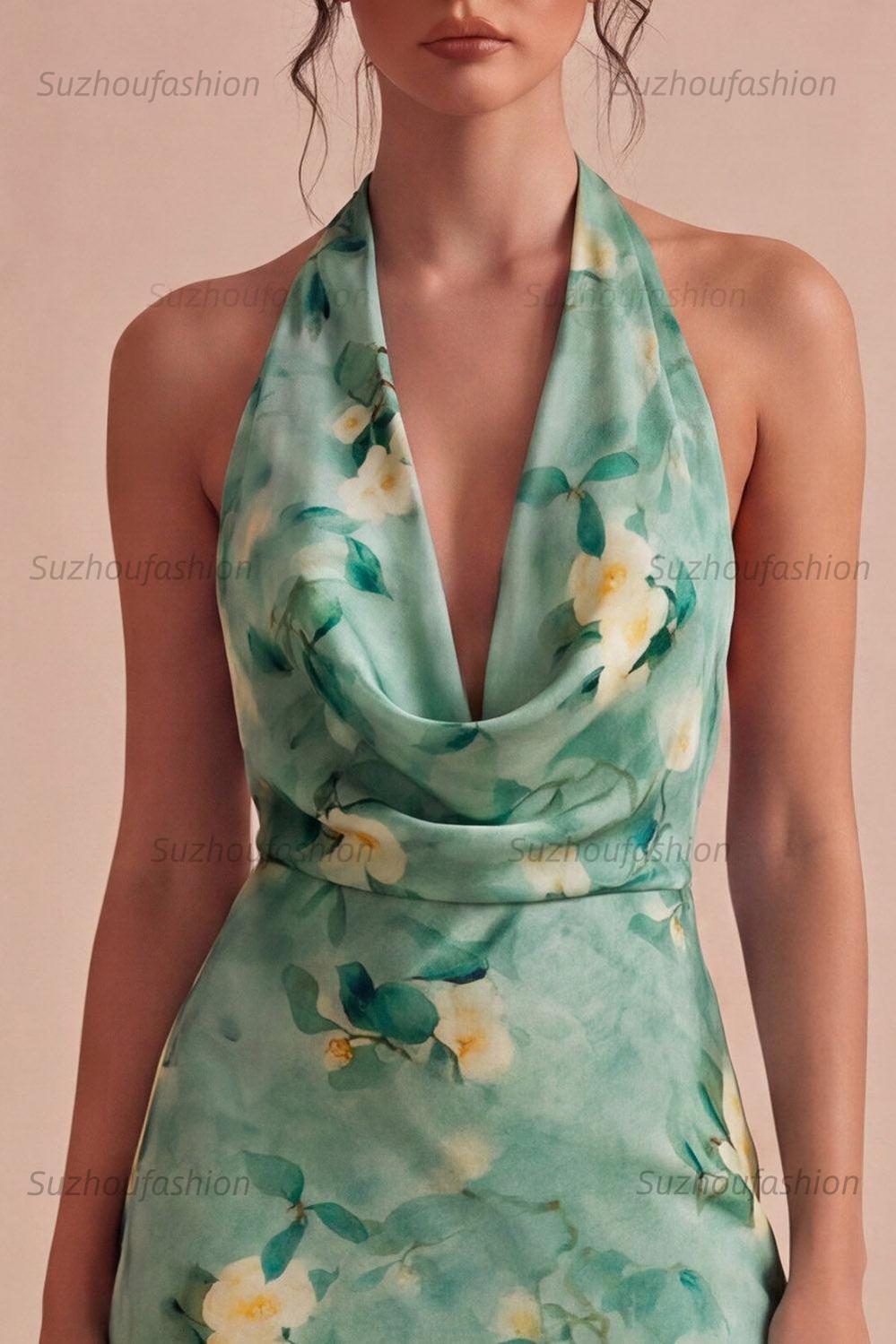 Suzhoufashion Light Green Floral Halter Backless Short Homecoming Dress
