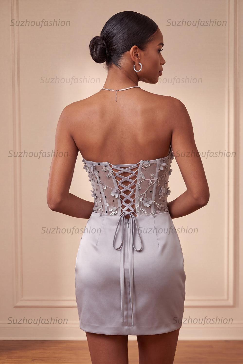 Suzhoufashion Light Grey Ruched Floral Tight Corset Short Homecoming Dress