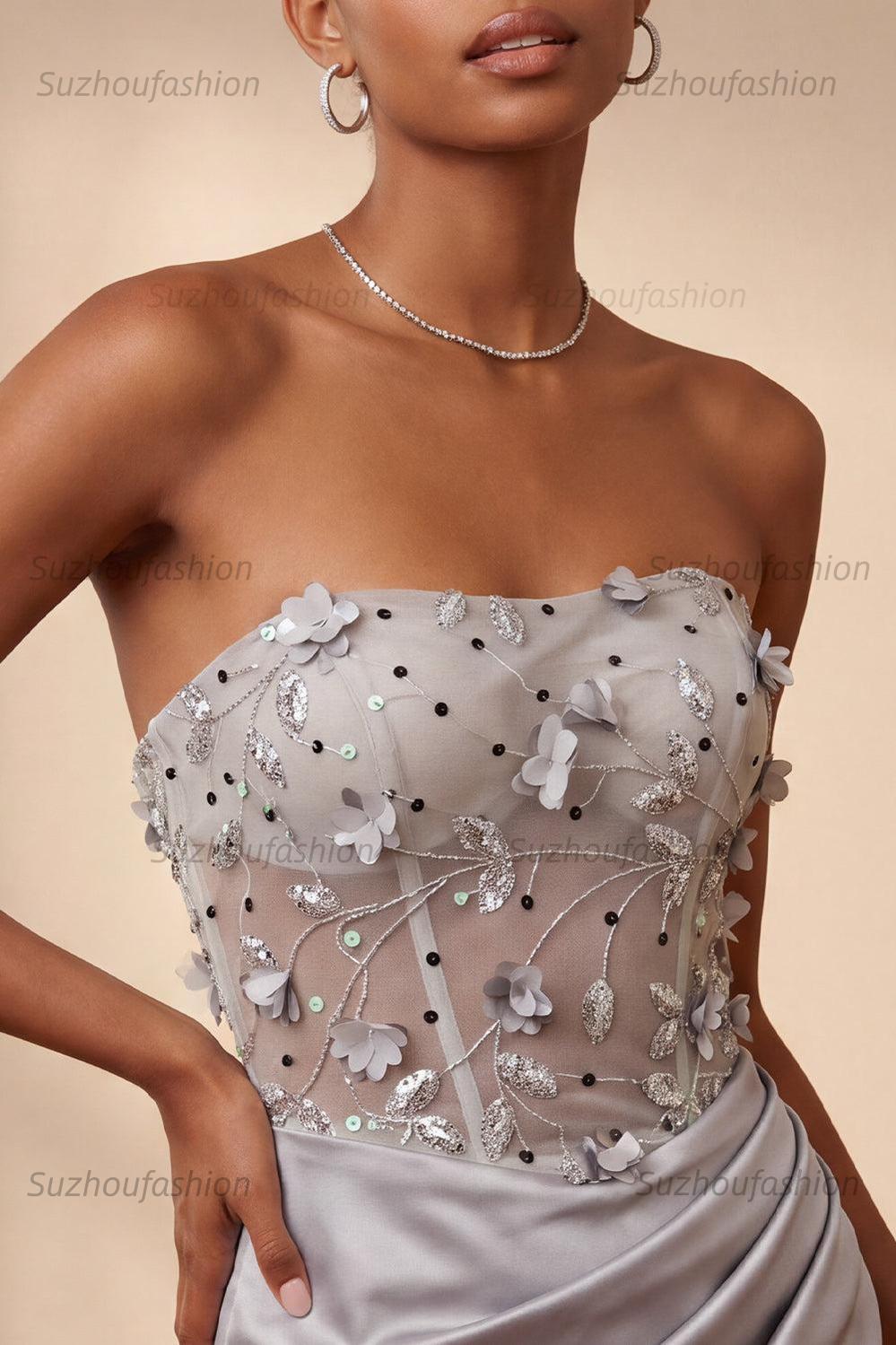 Suzhoufashion Light Grey Ruched Floral Tight Corset Short Homecoming Dress