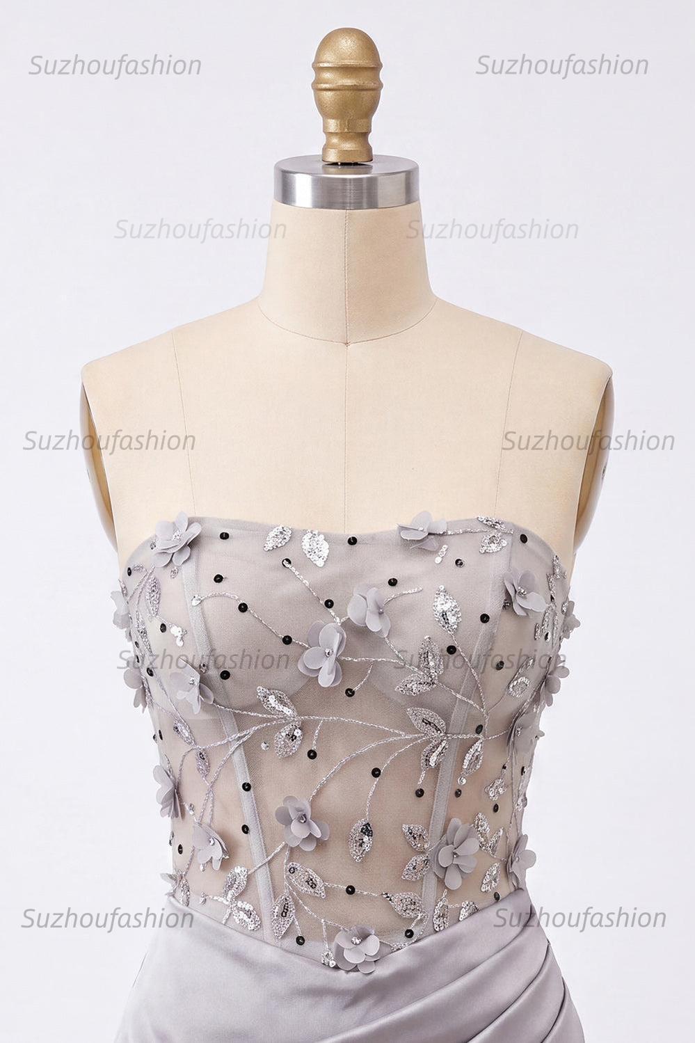Suzhoufashion Light Grey Ruched Floral Tight Corset Short Homecoming Dress