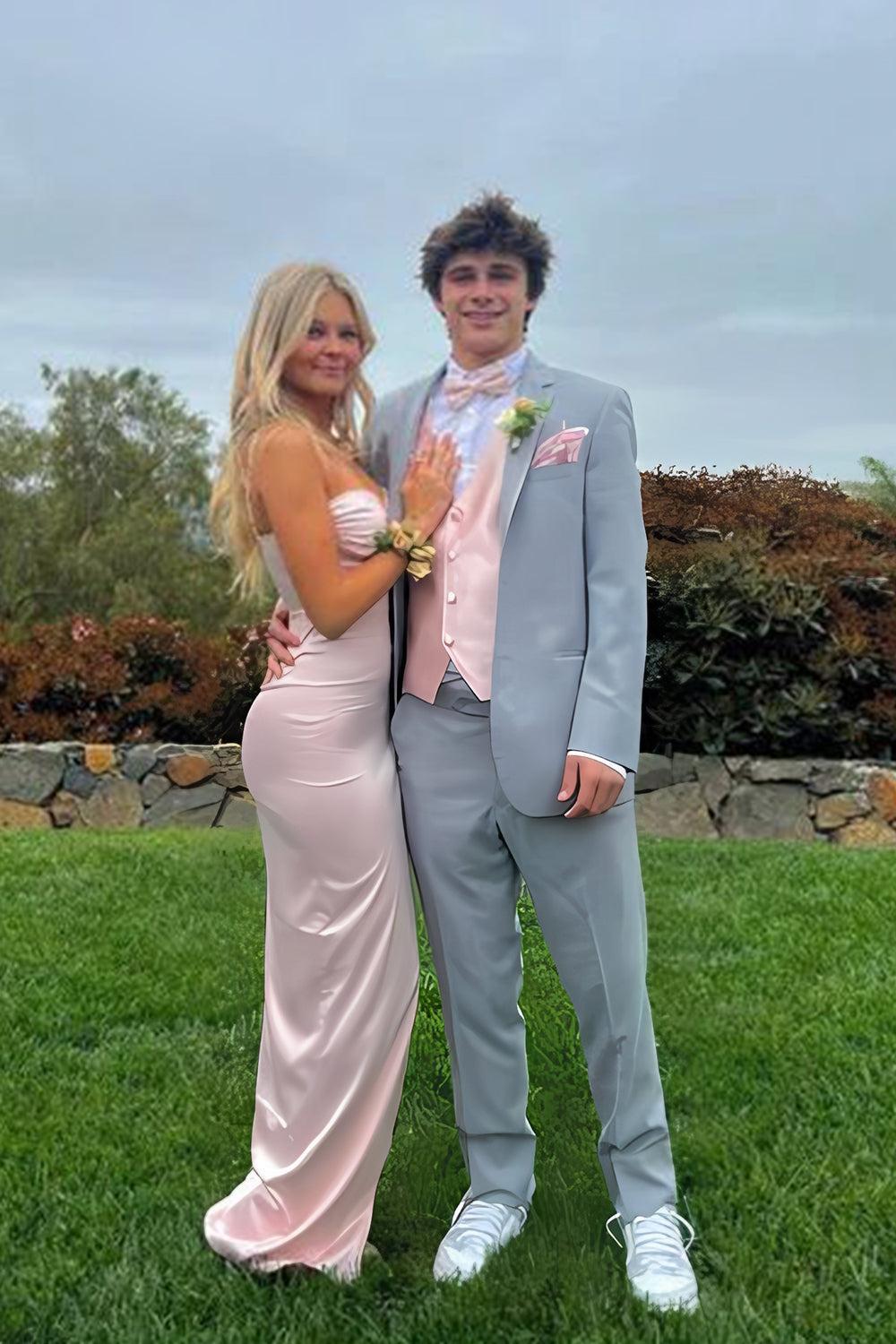 Suzhoufashion Light Pink Satin Spaghetti Strap Ruched Bust Prom Dress With High Leg Slit Formal Evening Gown