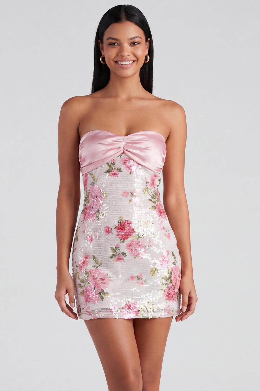 Suzhoufashion Light Pink Strapless Sequin Floral Tight Short Homecoming Dress