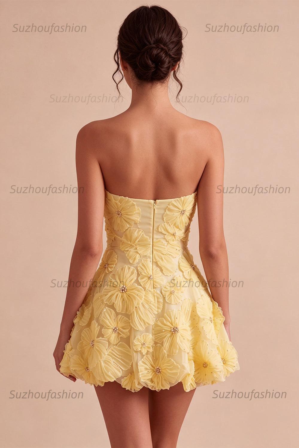 Suzhoufashion Light Yellow Beaded Floral A Line Short Homecoming Dress