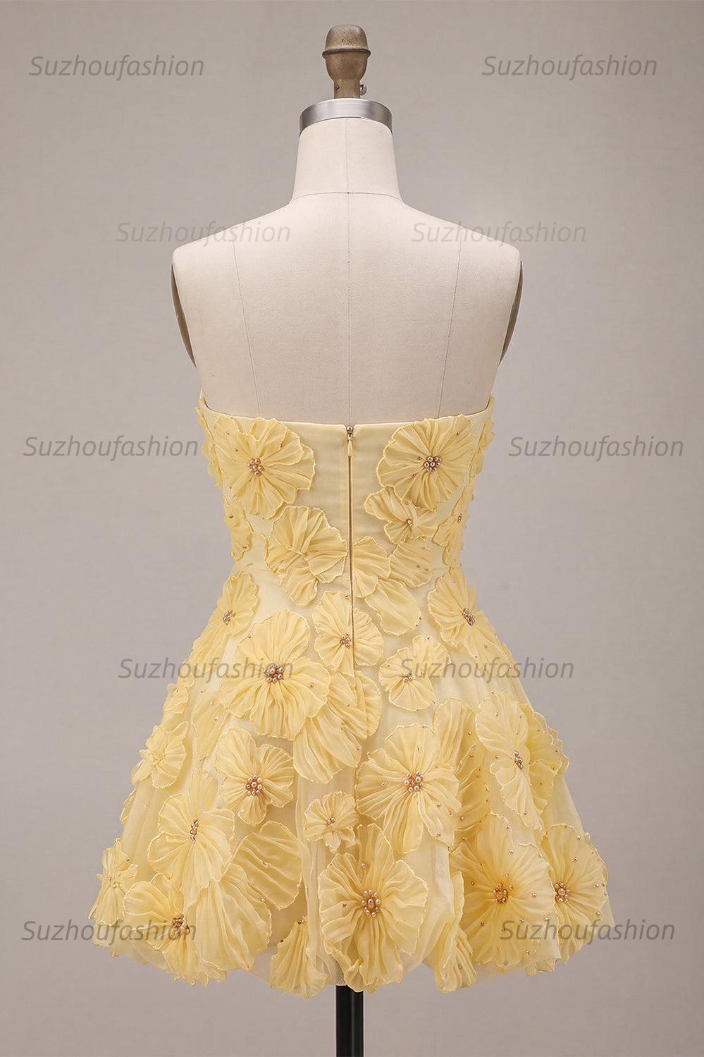 Suzhoufashion Light Yellow Beaded Floral A Line Short Homecoming Dress
