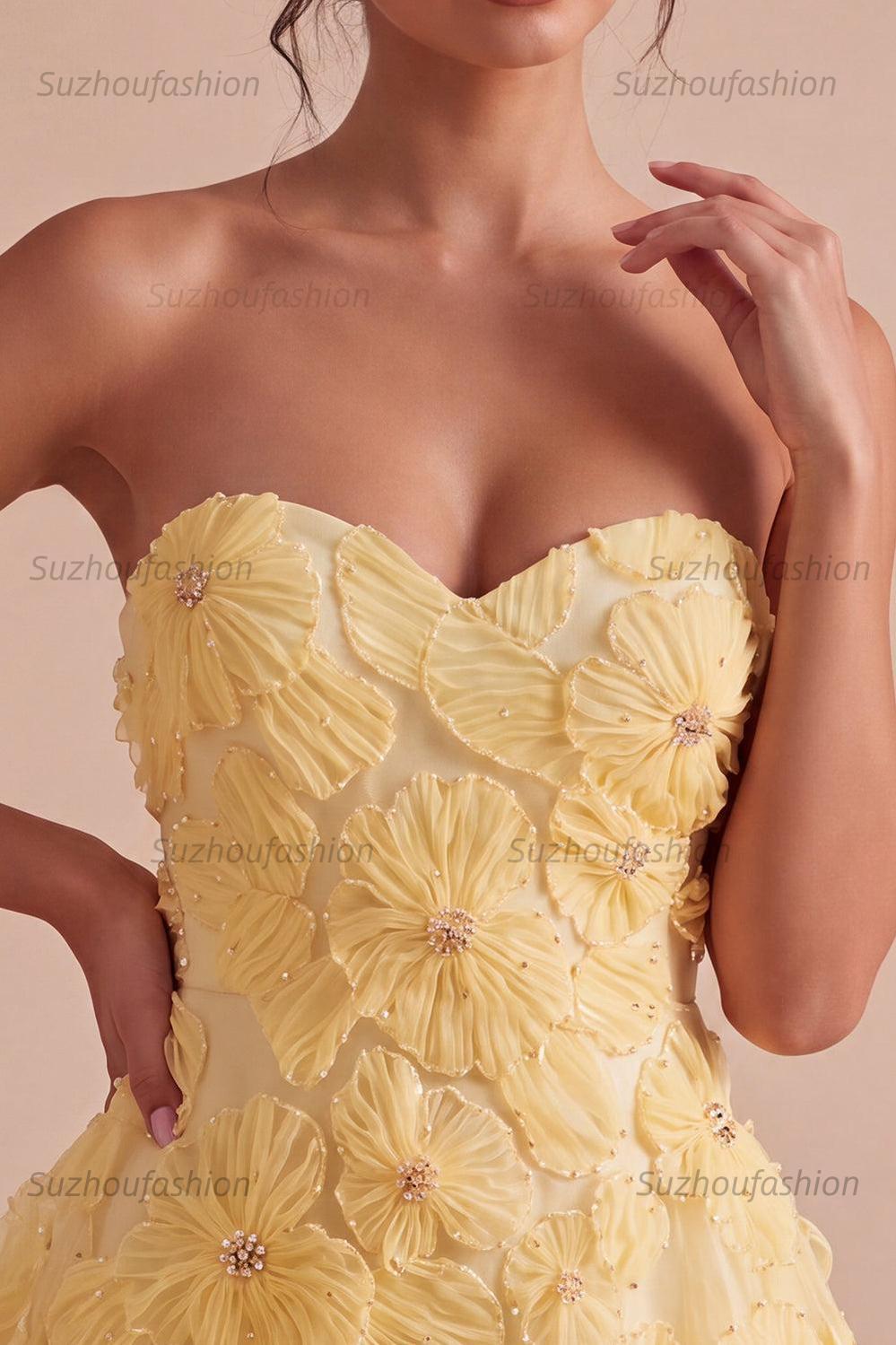 Suzhoufashion Light Yellow Beaded Floral A Line Short Homecoming Dress