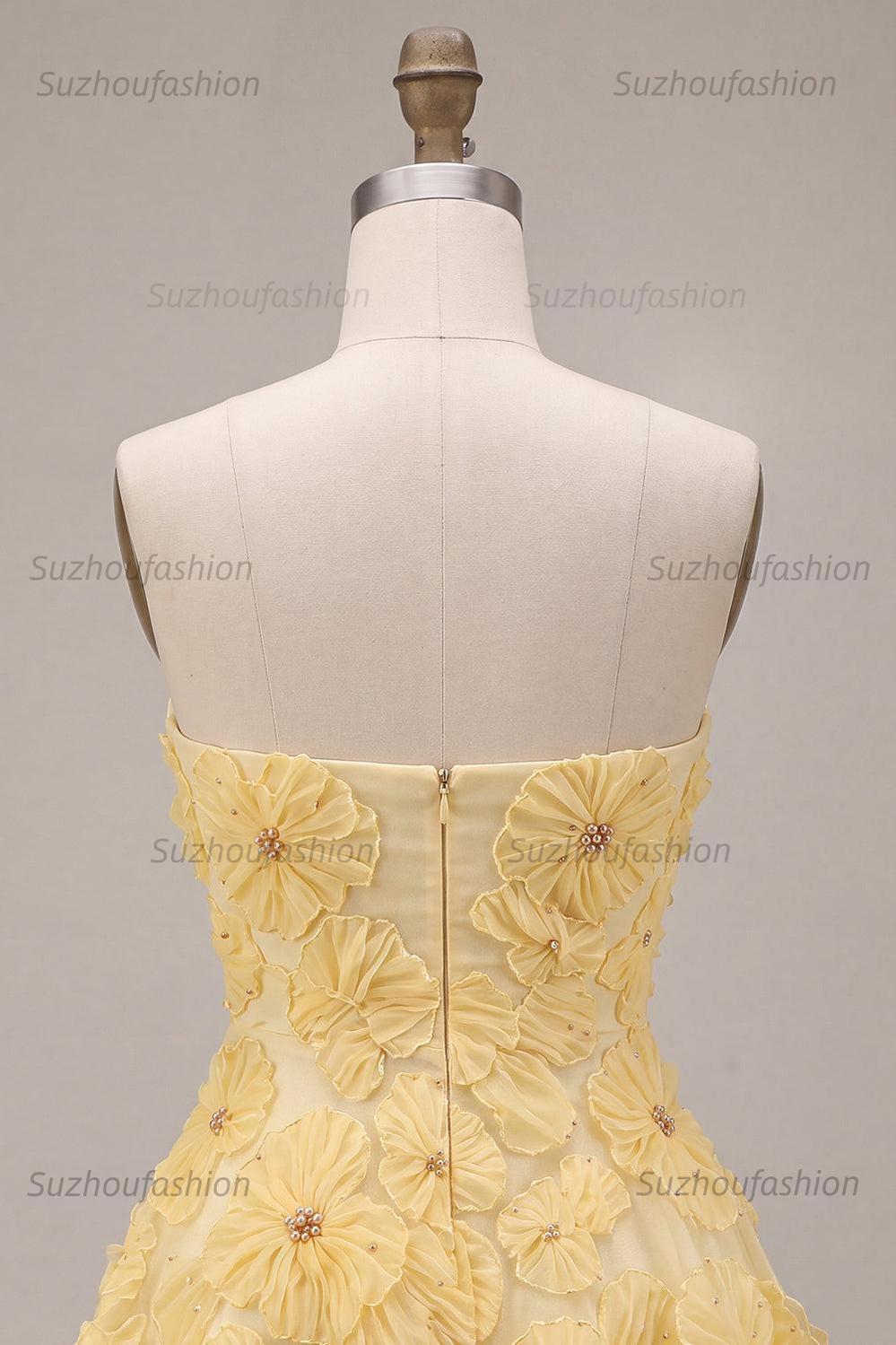 Suzhoufashion Light Yellow Beaded Floral A Line Short Homecoming Dress