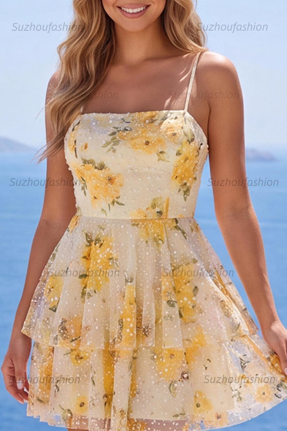 Suzhoufashion Light Yellow Floral Ruffled A-Line Short Homecoming Dress with Pearl Details