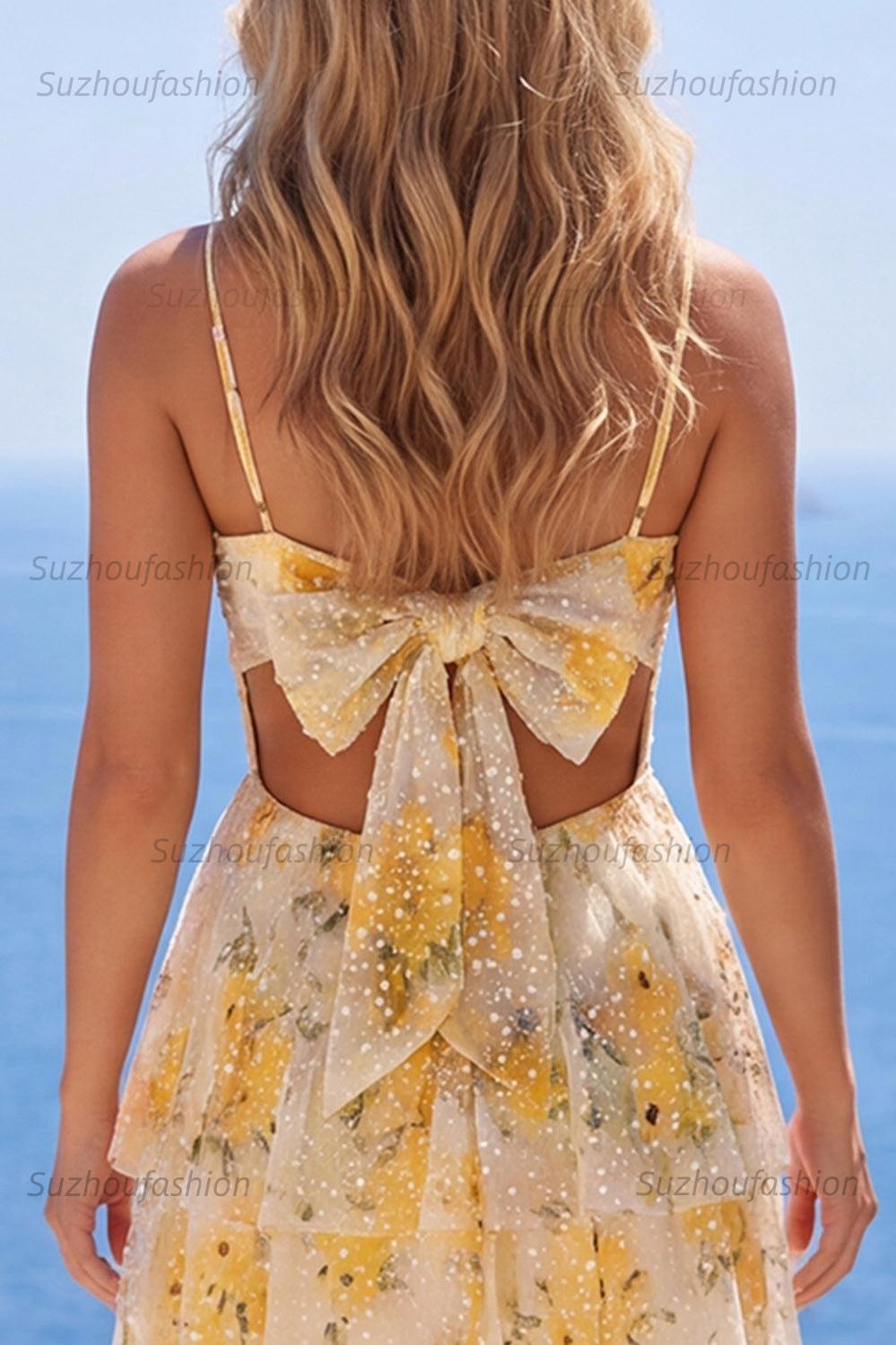 Suzhoufashion Light Yellow Floral Ruffled A-Line Short Homecoming Dress with Pearl Details