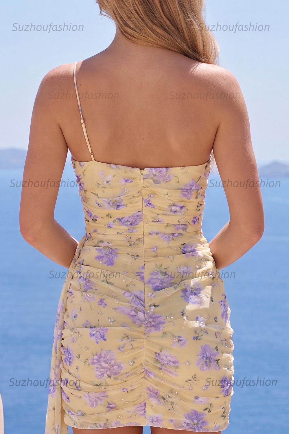 Suzhoufashion Light Yellow One-Shoulder Floral Tight Short Homecoming Dress with Sash