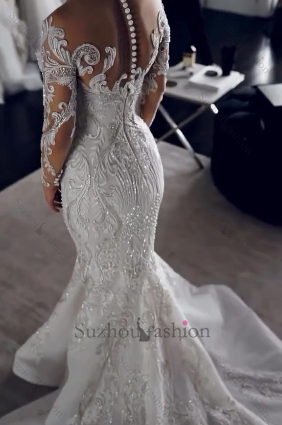Suzhoufashion Long Sleeve Wedding Dress Ivory Mermaid Crew Neck Bridal Gown with Detachable Train