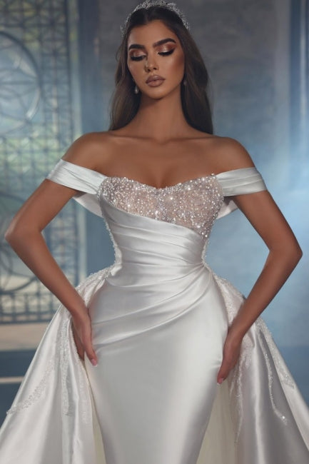 Suzhoufashion Luxurious A-line Beading Sleeveless Wedding Dresses With Glitter Satin Off-the-shoulder