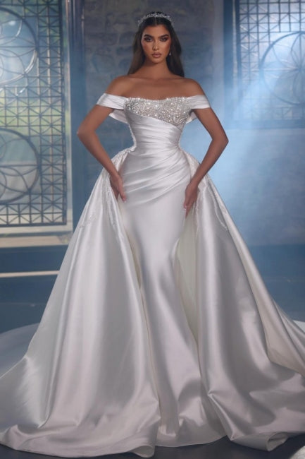 Suzhoufashion Luxurious A-line Beading Sleeveless Wedding Dresses With Glitter Satin Off-the-shoulder