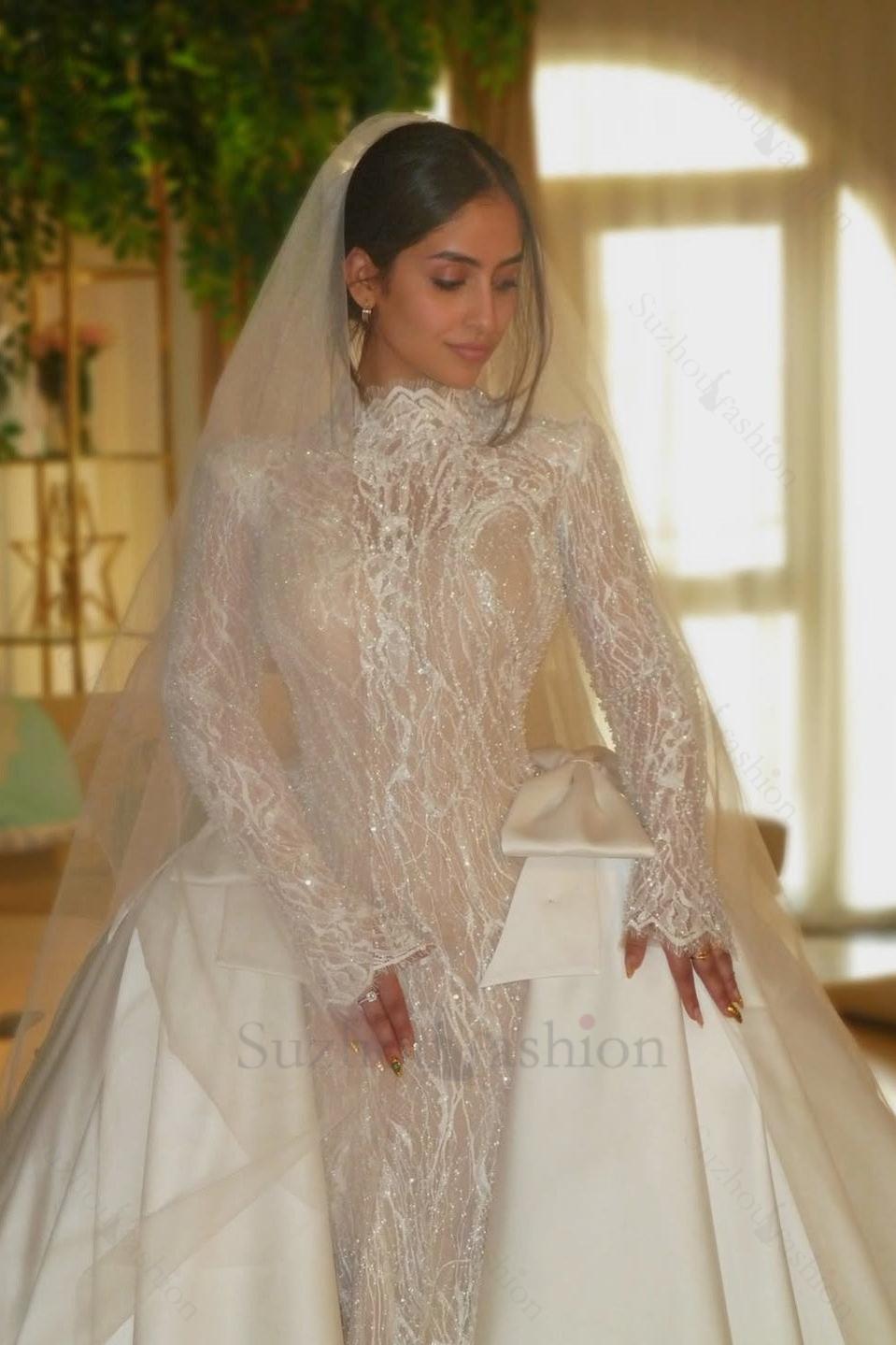 Suzhoufashion Luxury Long Sleeve Wedding Dress Beaded Mermaid High Neck Bridal Gown with Detachable Train