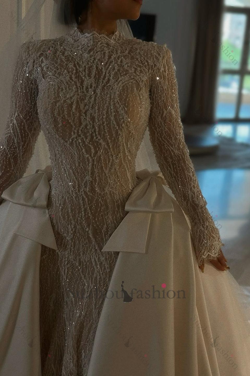 Suzhoufashion Luxury Long Sleeve Wedding Dress Beaded Mermaid High Neck Bridal Gown with Detachable Train