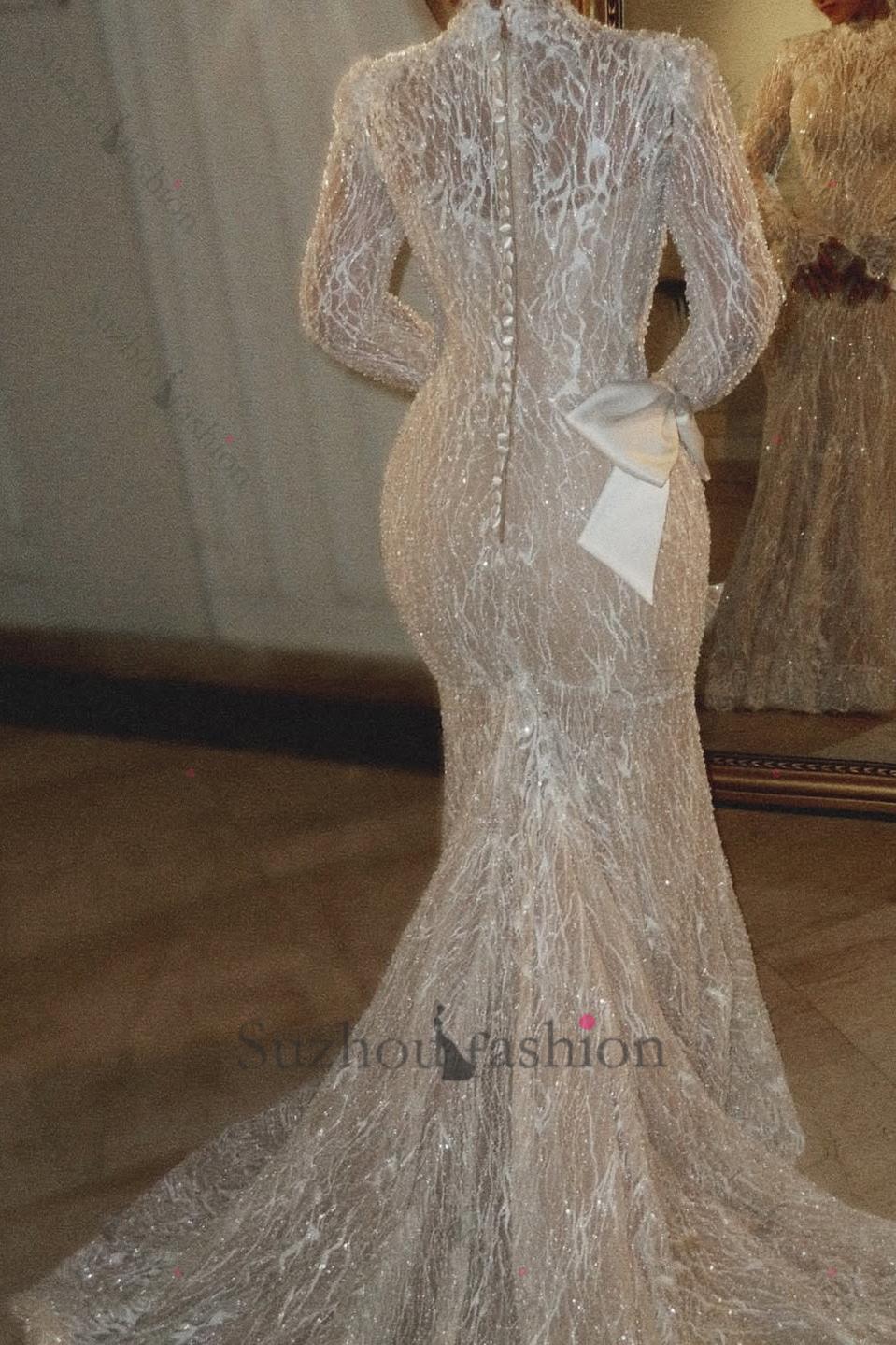 Suzhoufashion Luxury Long Sleeve Wedding Dress Beaded Mermaid High Neck Bridal Gown with Detachable Train