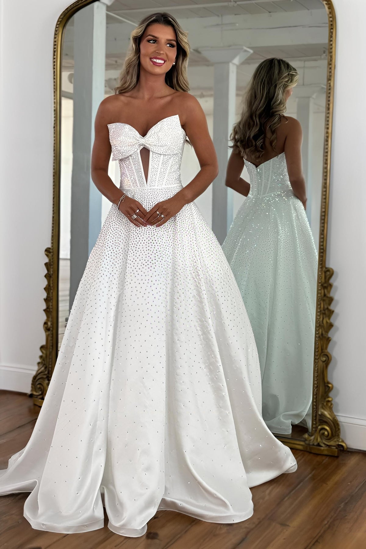 Suzhoufashion Luxury White Beaded Prom Dress With Structured Corset Bodice And Bow Front Formal Evening Gown