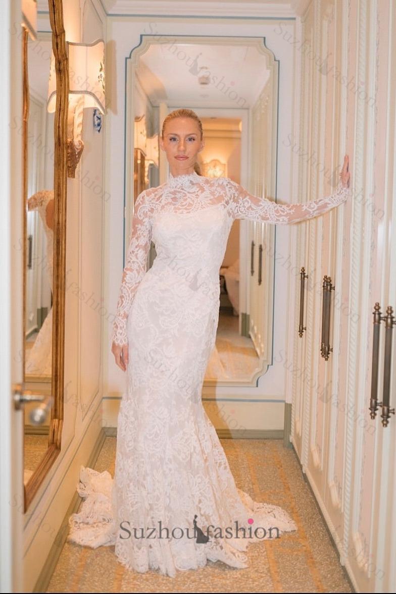 Suzhoufashion Mermaid Beach Wedding Dress Long Sleeve High Neck Lace Bridal Gown