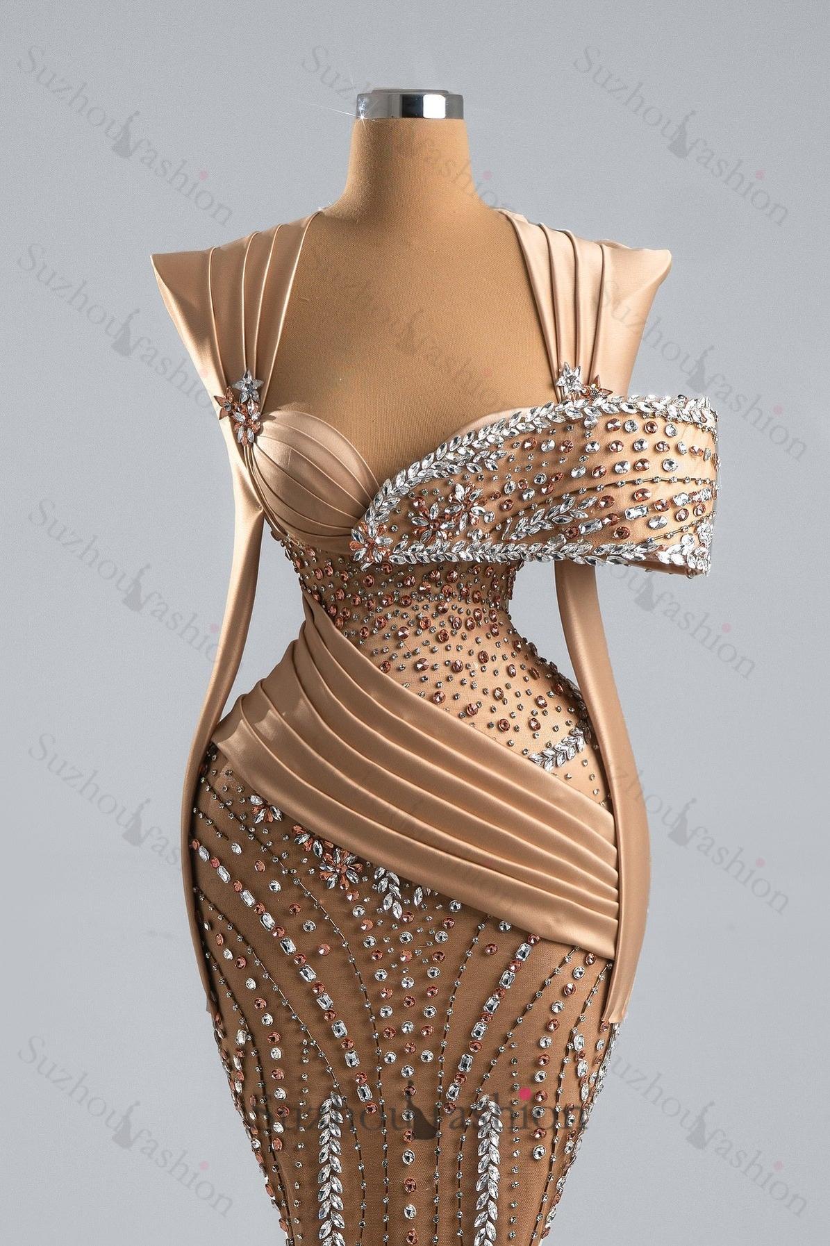 Suzhoufashion Mermaid Formal Dress Champagne Sweetheart Neck Prom Dress with Beadings and Rhinestones