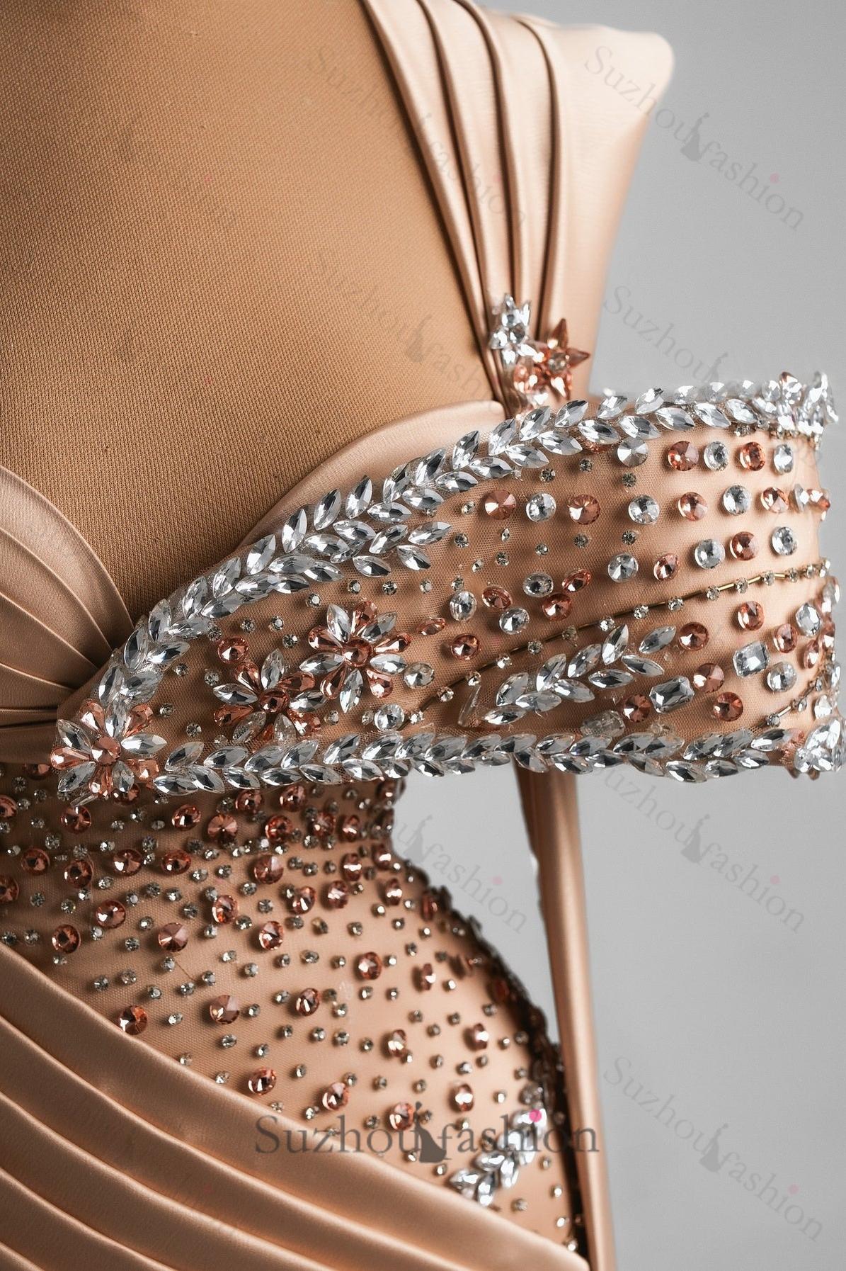 Suzhoufashion Mermaid Formal Dress Champagne Sweetheart Neck Prom Dress with Beadings and Rhinestones