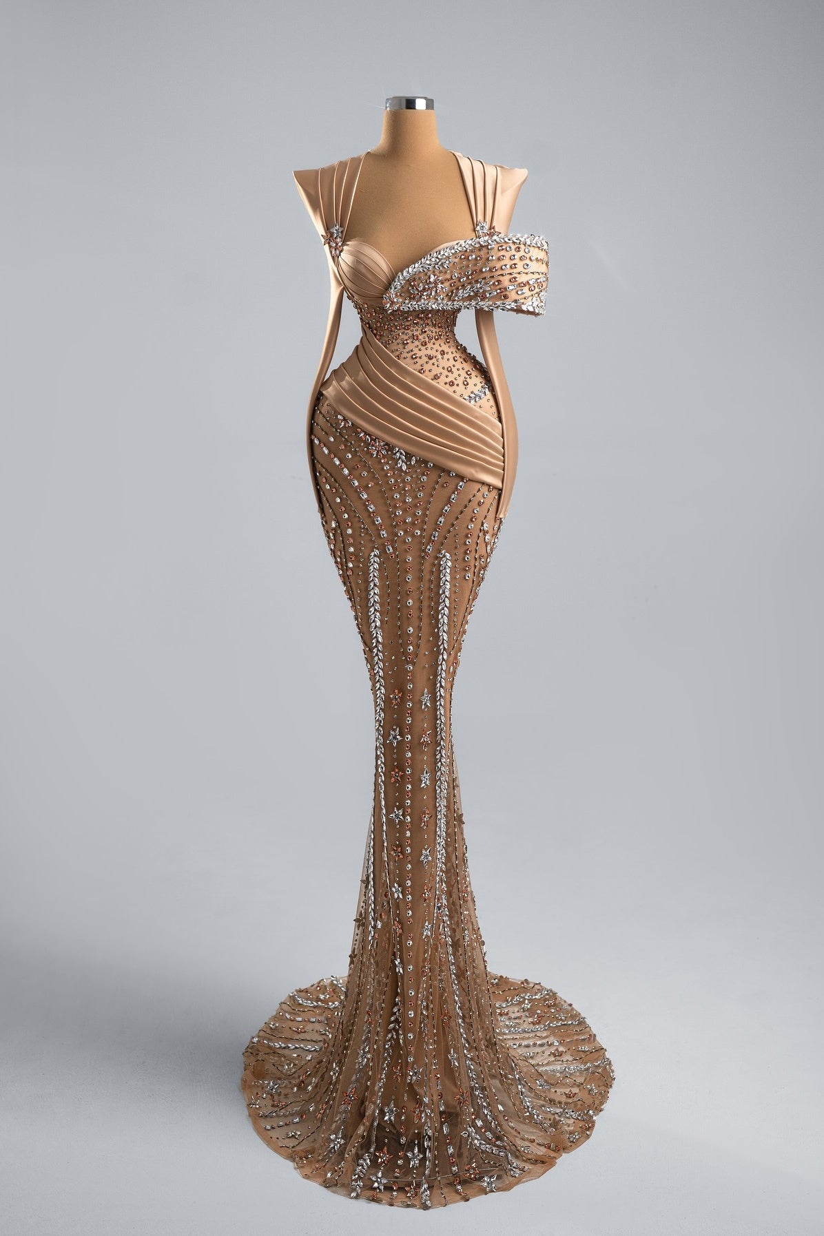 Suzhoufashion Mermaid Formal Dress Champagne Sweetheart Neck Prom Dress with Beadings and Rhinestones