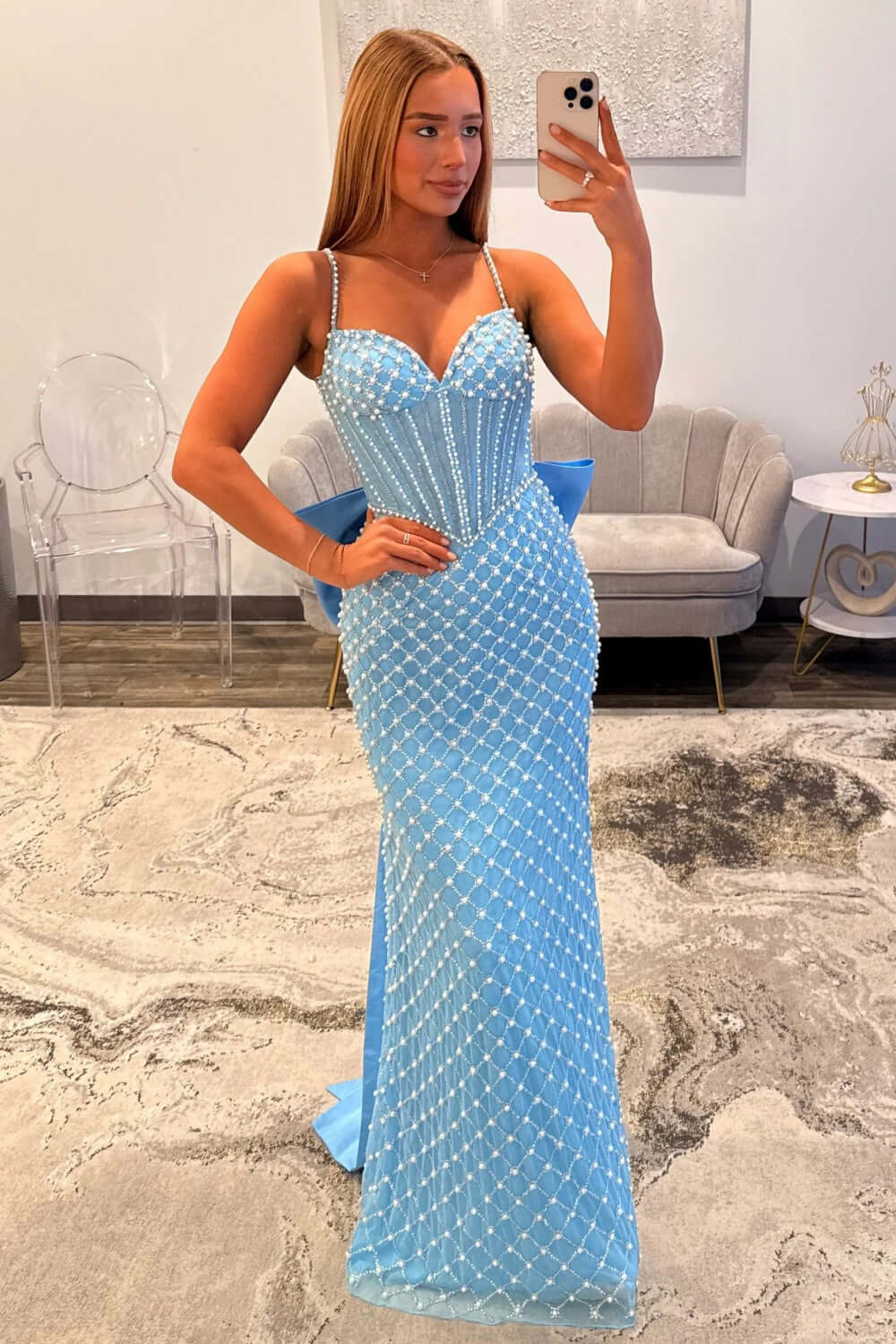 Suzhoufashion Mermaid Prom Dress Blue Corset Long Formal Dress With Pearls