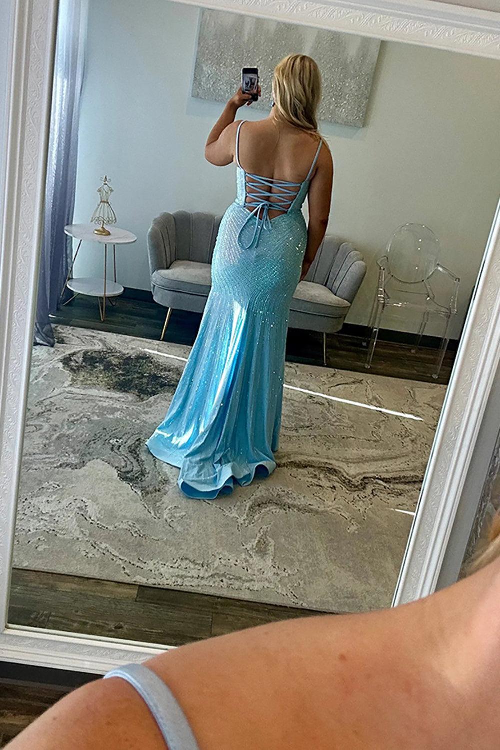 Suzhoufashion Mermaid Prom Dress Light Blue Corset Beaded Satin Long Formal Dress With Slit