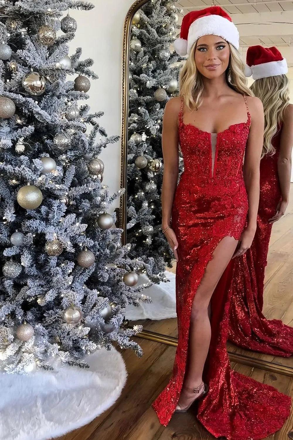 Suzhoufashion Mermaid Prom Dress With Spaghetti Straps Lace Up Back Corset Bodice And Slit Formal Evening Gown