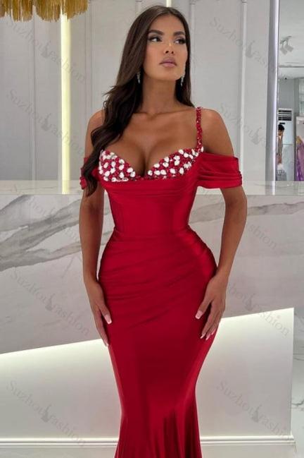 Suzhoufashion Mermaid Red Spaghetti Straps Sweetheart Off-The-Shoulder Long Satin Prom Dresses with Ruffles