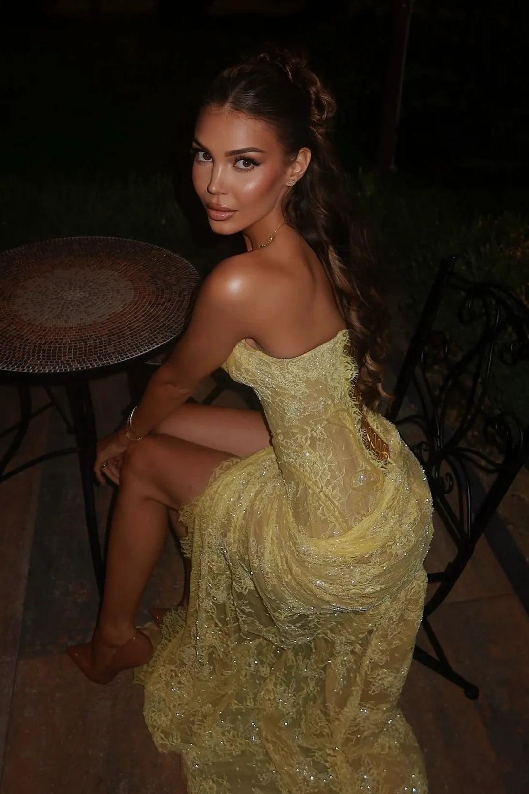 Suzhoufashion Mermaid Sweetheart Yellow Lace Party Dress With Split Front Formal Evening Gown