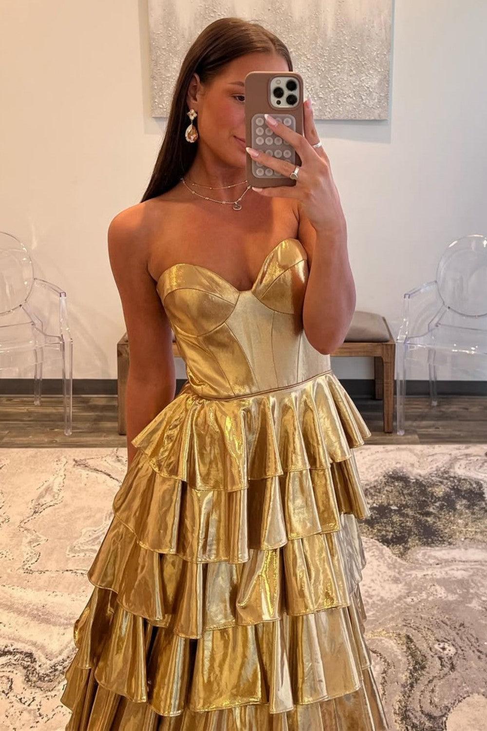 Suzhoufashion Metallic Gold A-Line Sweetheart Long Tiered Ruffle Prom Gown Formal Evening Gown
