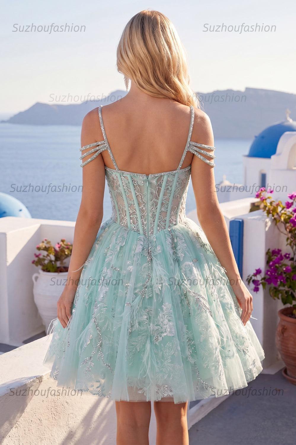 Suzhoufashion Mint Cold-Shoulder Floral Beaded A-Line Corset Short Homecoming Dress