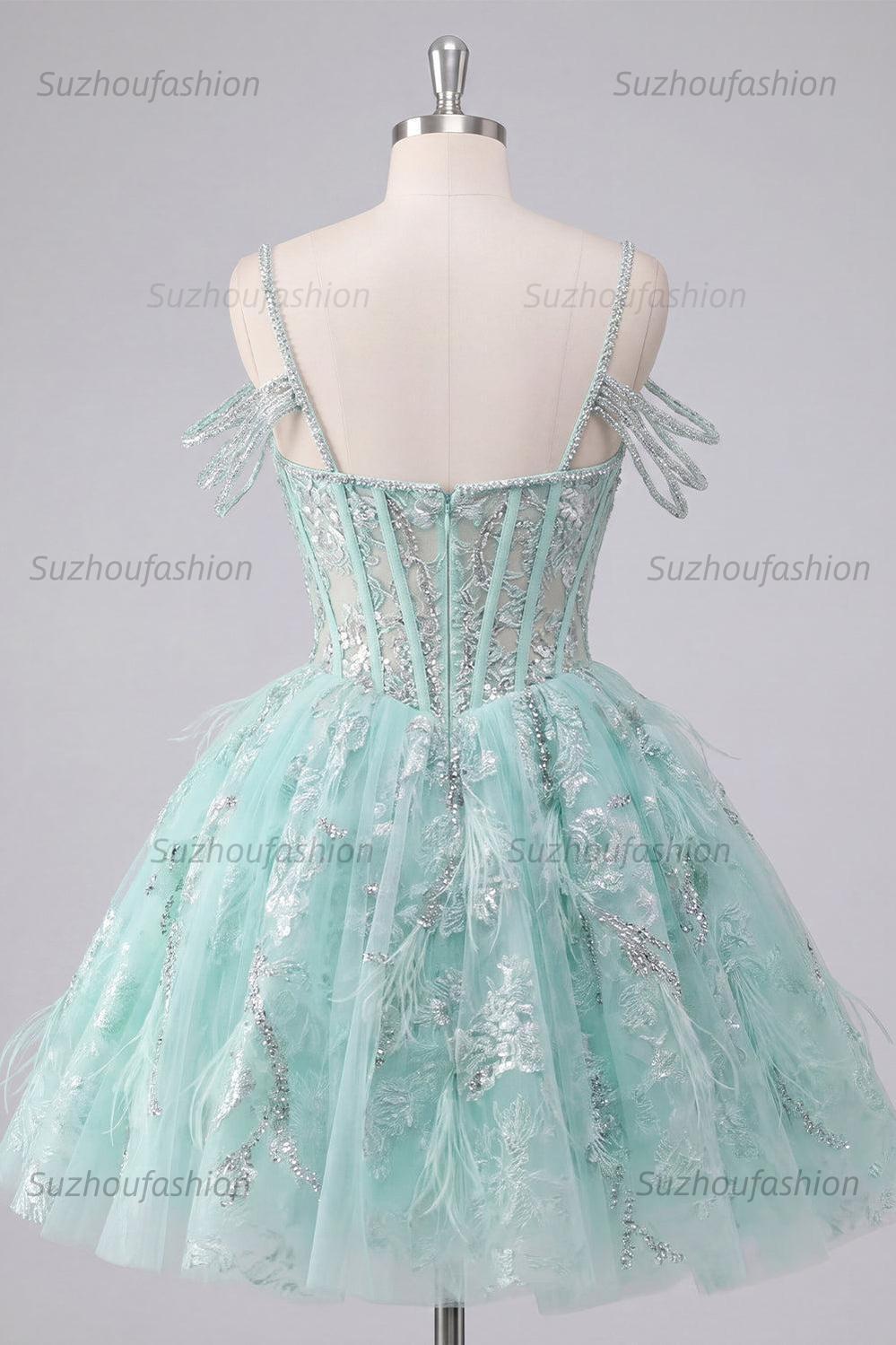 Suzhoufashion Mint Cold-Shoulder Floral Beaded A-Line Corset Short Homecoming Dress