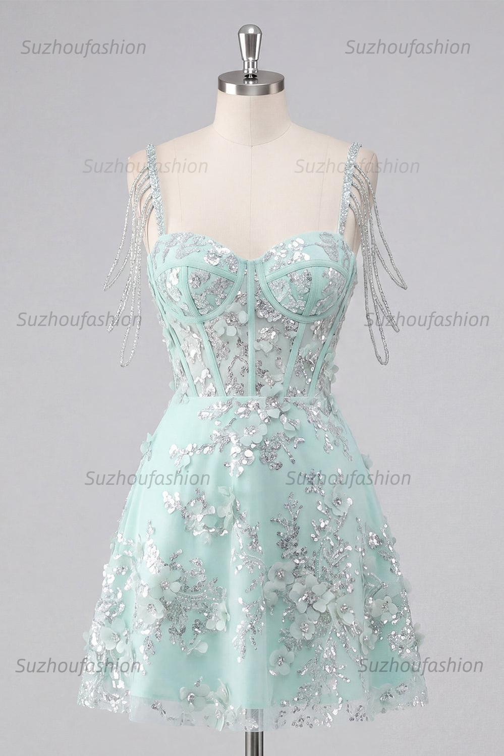 Suzhoufashion Mint Floral Cold-Shoulder Beaded A-Line Corset Short Homecoming Dress