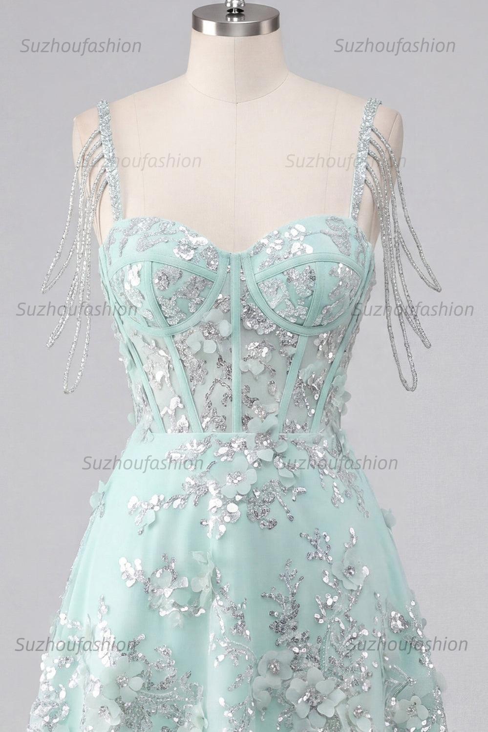 Suzhoufashion Mint Floral Cold-Shoulder Beaded A-Line Corset Short Homecoming Dress