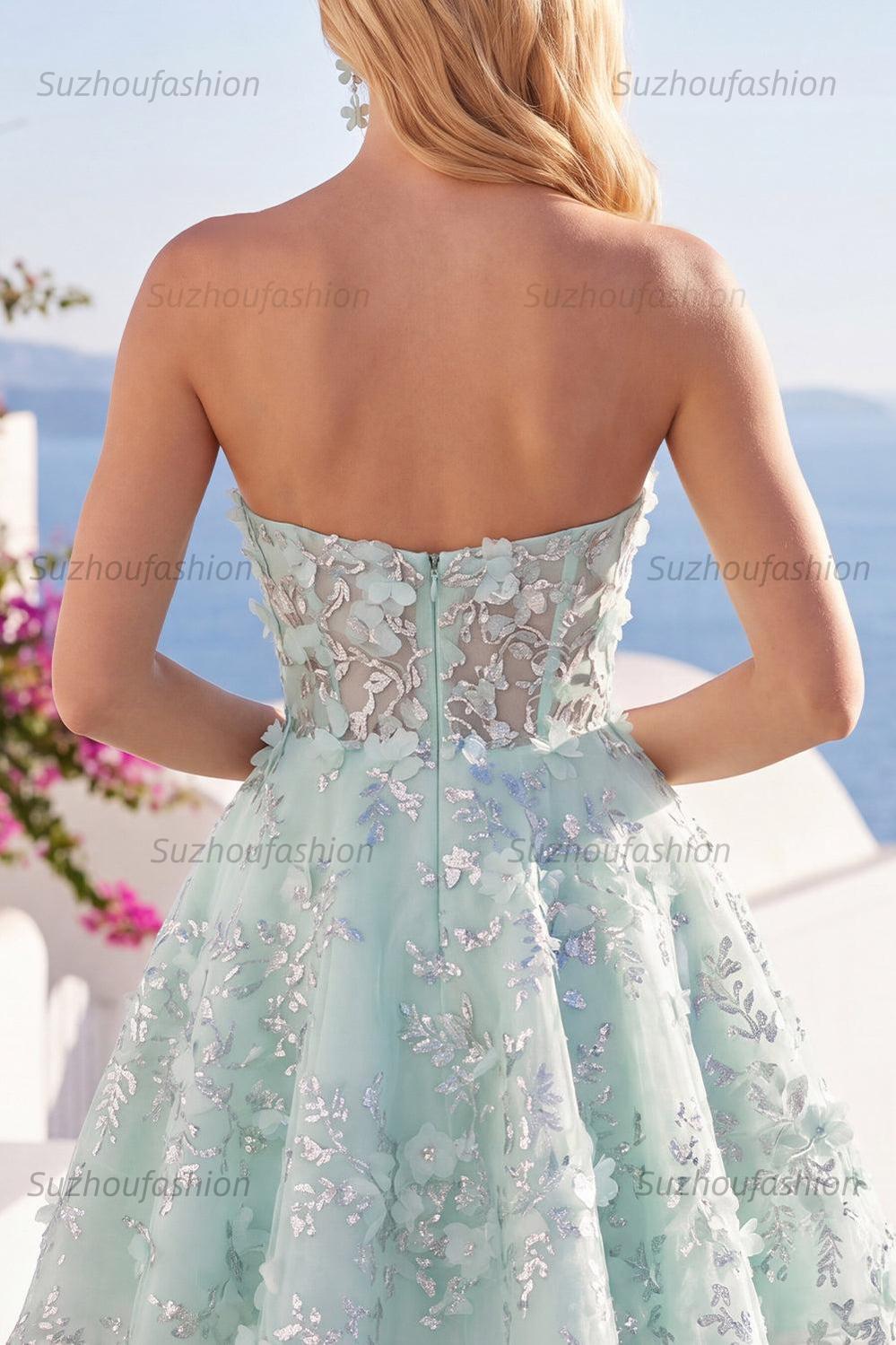 Suzhoufashion Mint Floral Sweetheart Beaded A-Line Corset Short Homecoming Dress