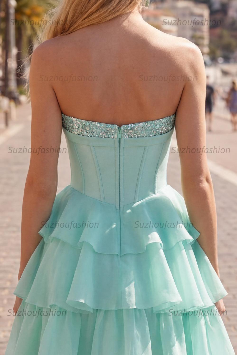 Suzhoufashion Mint Green Strapless Beaded A-Line Corset Short Homecoming Dress with Ruffles
