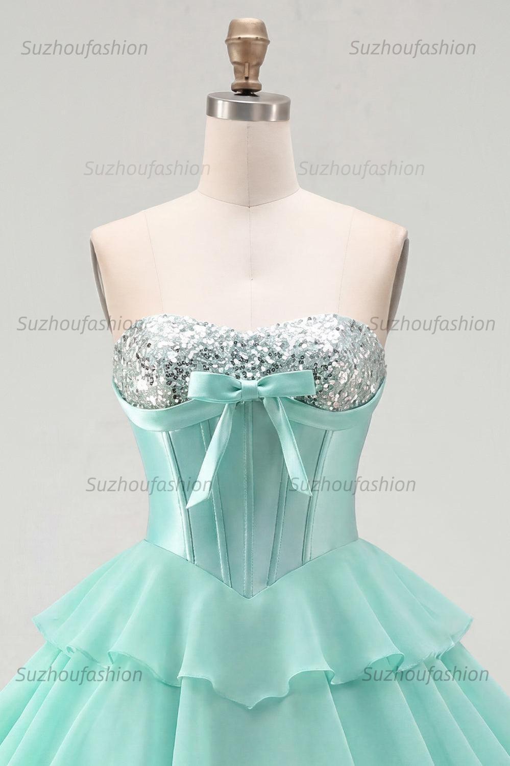 Suzhoufashion Mint Green Strapless Beaded A-Line Corset Short Homecoming Dress with Ruffles