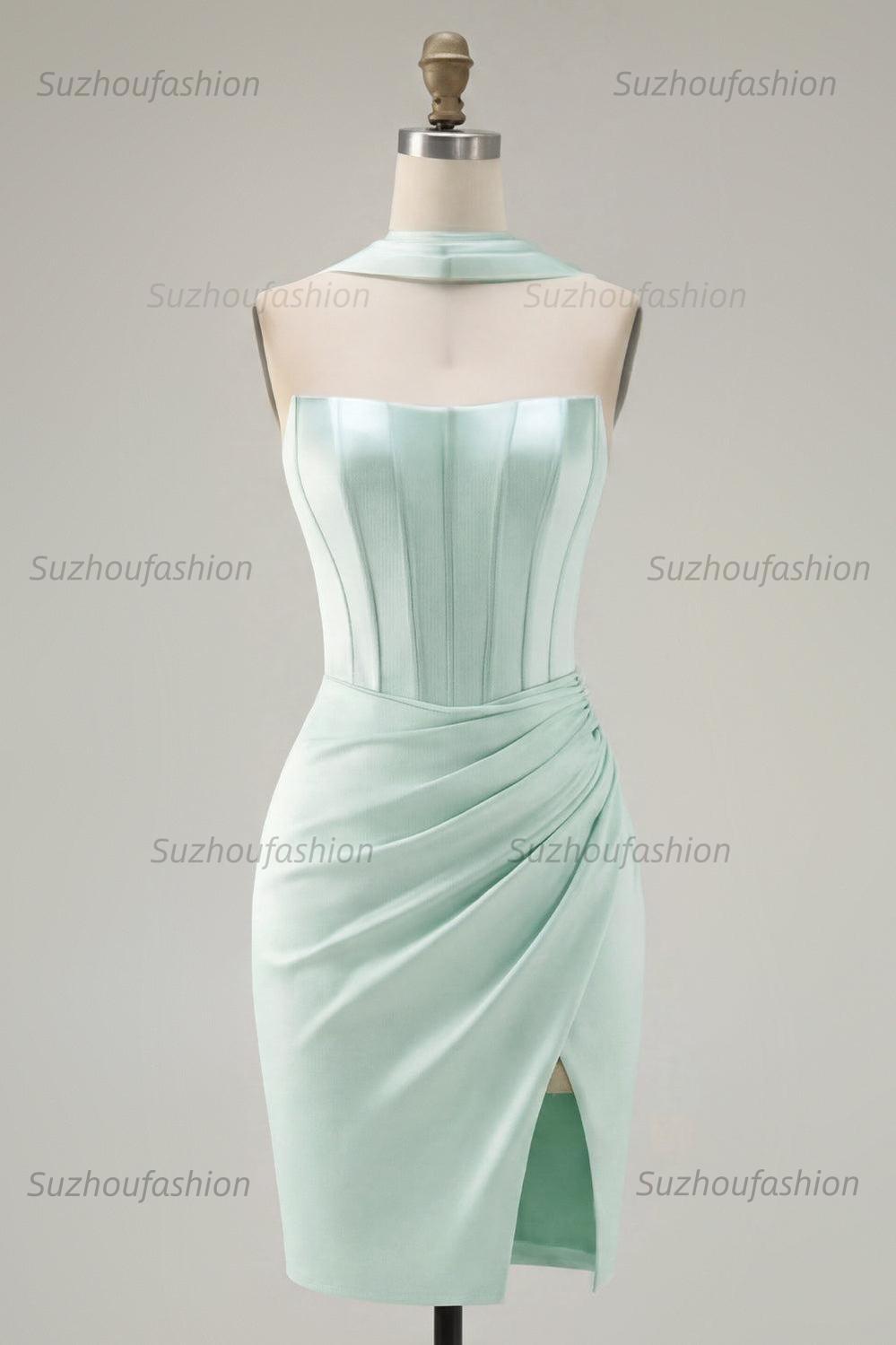 Suzhoufashion Mint Green Strapless Ruched Corset Tight Short Homecoming Dress with Slit