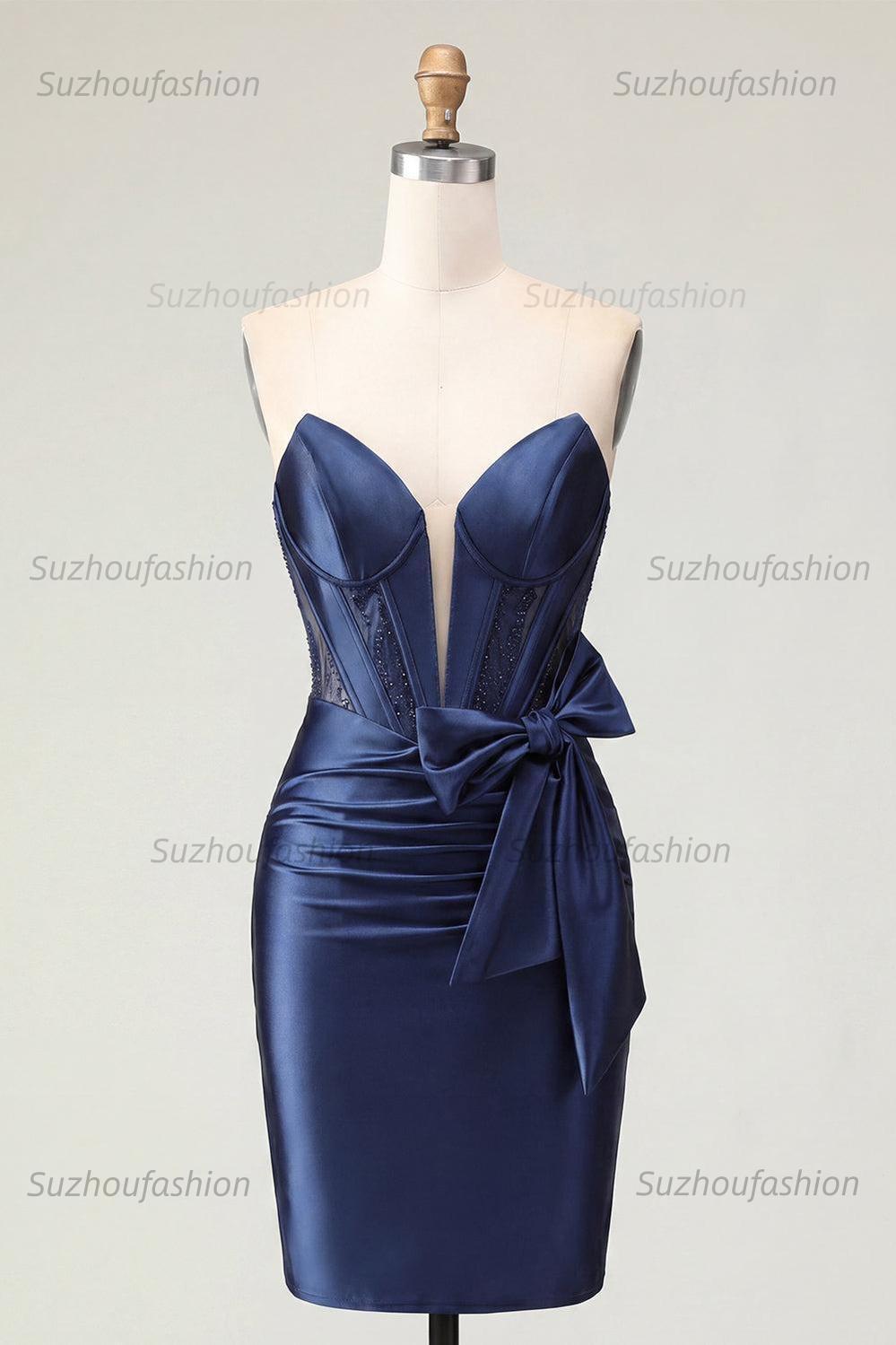 Suzhoufashion Navy Basque Waist Beaded Corset Tight Short Homecoming Dress with Bow