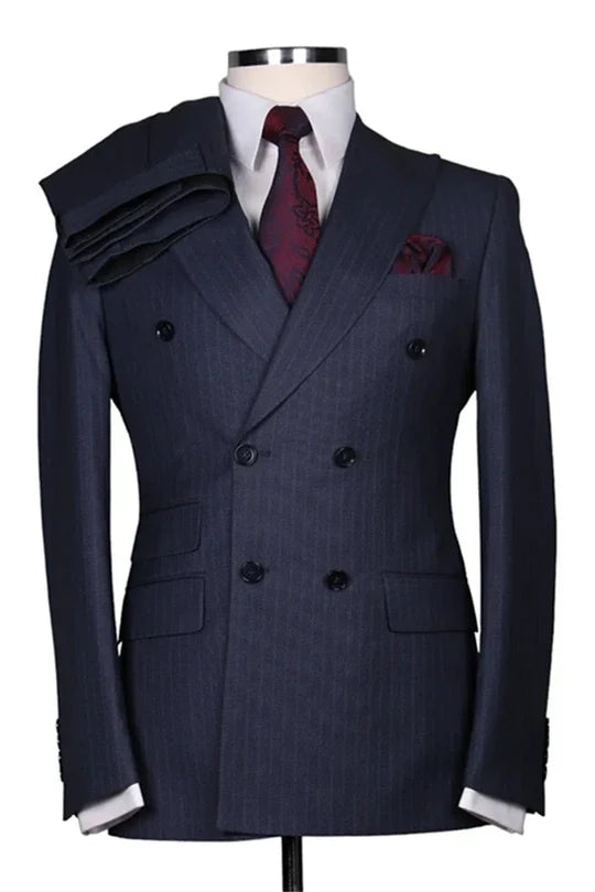Suzhoufashion Navy Double Breasted Striped Men Suits
