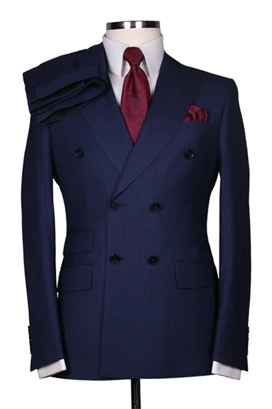 Suzhoufashion Navy Double Breasted Striped Peaked Lapel Men Suits