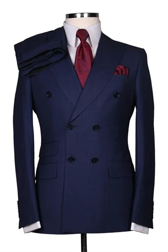 Suzhoufashion Navy Double Breasted Striped Peaked Lapel Men Suits